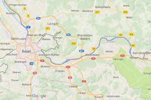 Kartenausschnitt vom Dreiländereck (Deutschland, Schweiz, Frankreich) mit Basel, Lörrach und Rheinfelden, Quelle ist Google Maps