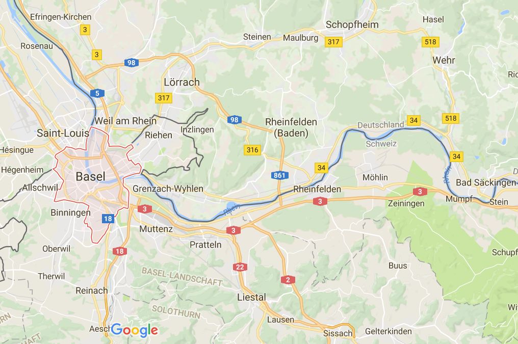 Kartenausschnitt vom Dreiländereck (Deutschland, Schweiz, Frankreich) mit Basel, Lörrach und Rheinfelden, Quelle Google Maps