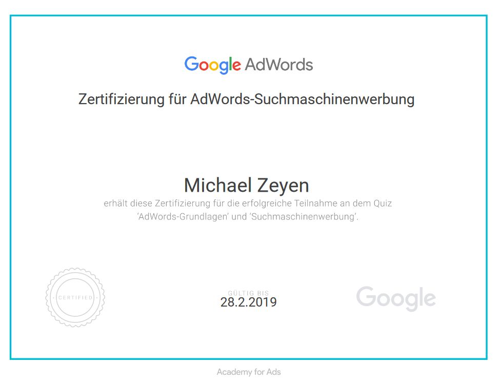 Bild mit Zertifikat - Google AdWords Suchmaschinenwerbung auf michaelzeyen.com