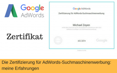 Bild mit Zertifizierung für Adwords Suchmaschinen-Werbung auf michaelzeyen.com