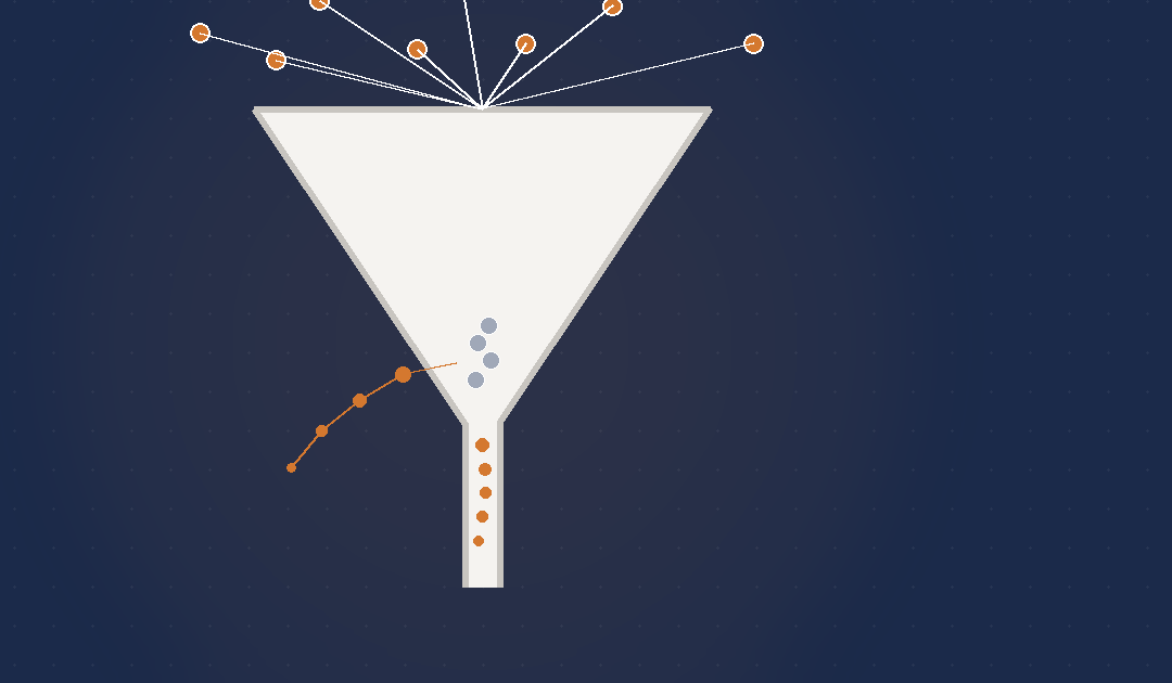 Trichter-Illustration: Leads bleiben im CRM stecken und gehen seitlich verloren – Sinnbild für Lead Management im B2B